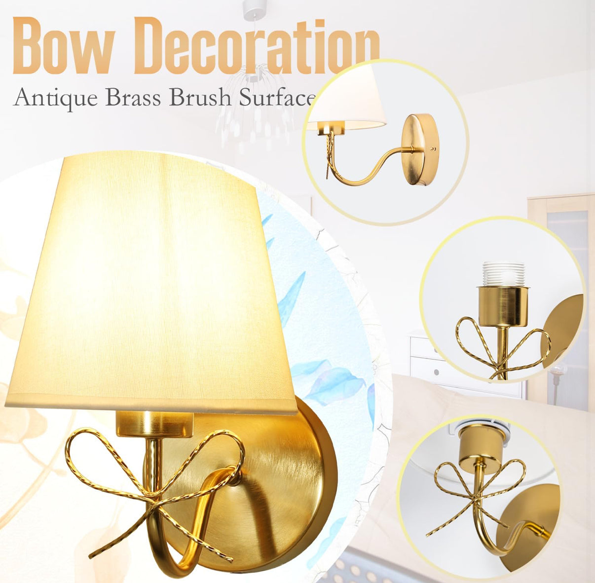 Mesuz Antique Brass Wall Sconces Set of Two, Bow Sconces Decor Gold, E26 110V